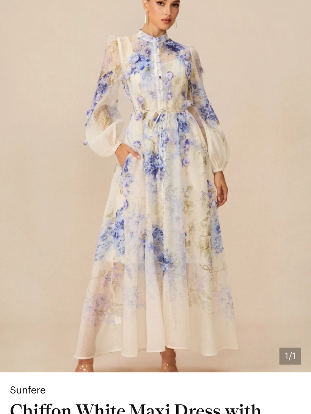 Sunfere White Chiffon Maxi Dress with Blue Floral Print